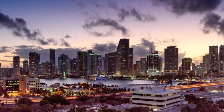 miami, florida, sunset, skyline, architecture, scenery, cityscape, downtown, building, nature, urban, sky, skyscraper, city, clouds, tower, metropolis, scenic